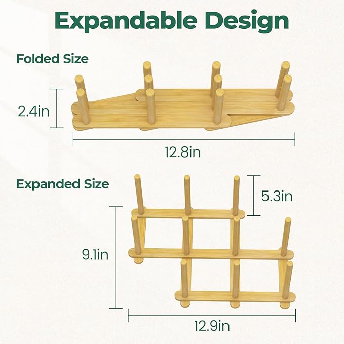 EsLuker.ly Baby Bottle Drying Rack Bamboo Vertical Dryer Holder, Foldable Space Saving for 10 Milk Glass Bottle Countertop, Wooden Drain Stand Shelf for New Parents