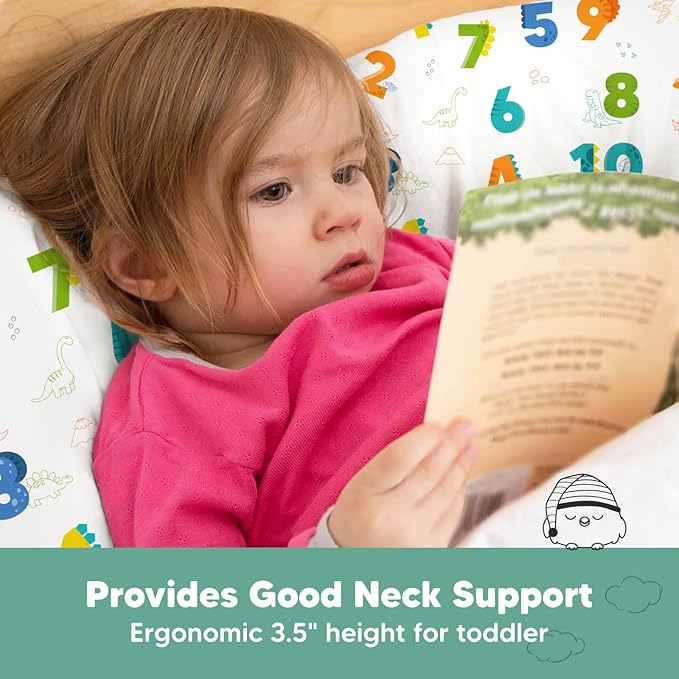 Toddler Pillow with Pillowcase - 13x18 My Little Dreamy Kids Travel Bed Pillows for Sleeping, Organic Cotton Small Pillowcase, Soft & Breathable, Machine Washable, Toddlers 2-5 Years Old (Dino123)