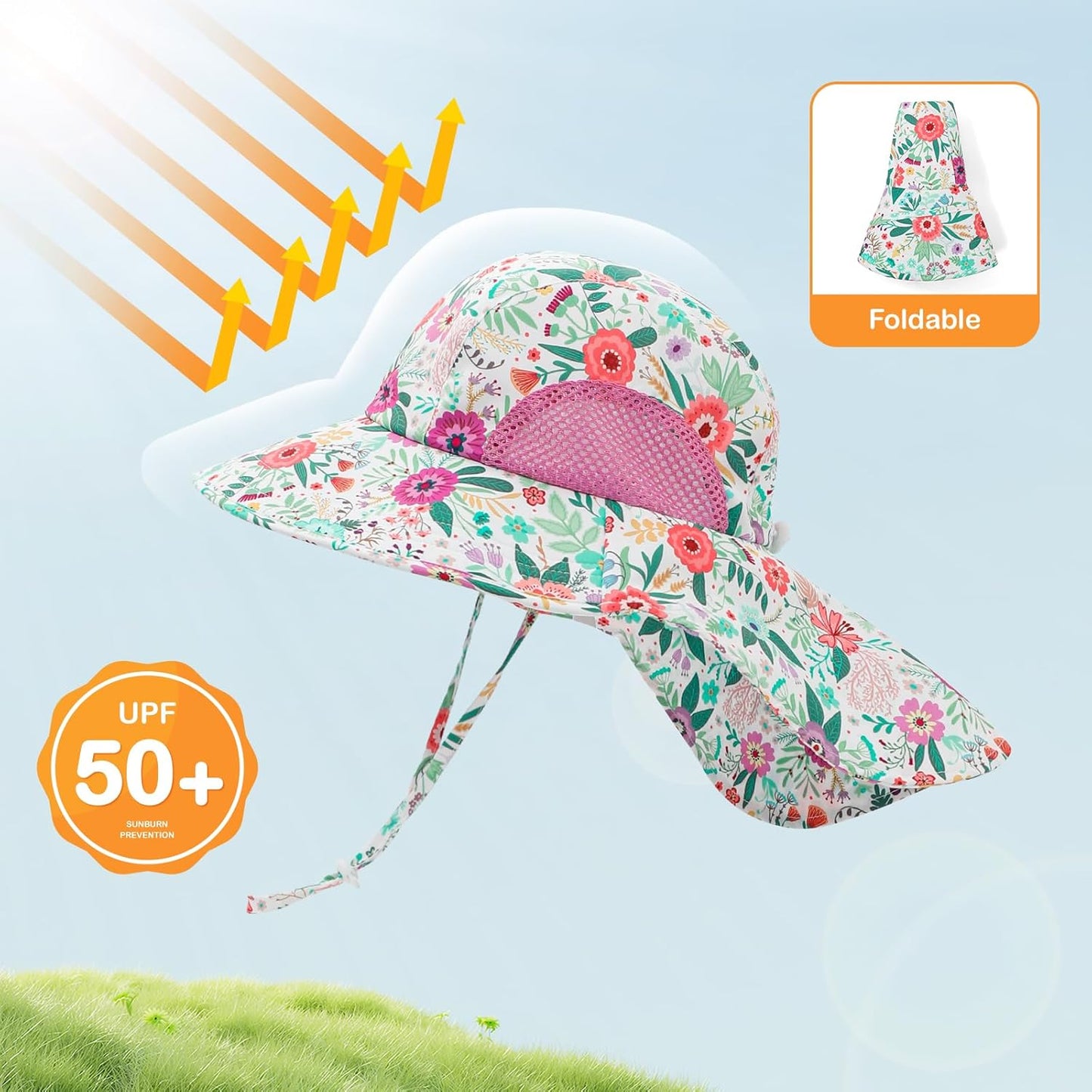 Baby Sun Hat UPF 50+ Mesh Liner Toddler Bucket Hats with Wide Brim Neck Flap for Outdoor Beach Swim