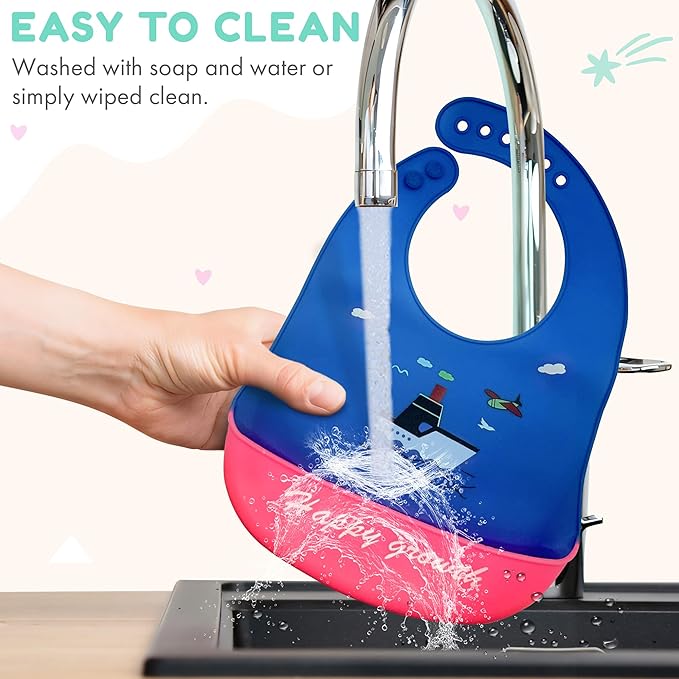 Silicone Baby Bibs Unisex, Self-Feeding, Catch-all Large Pocket, 6-48 months, BPA-Phthalate Free, w/Travel Case