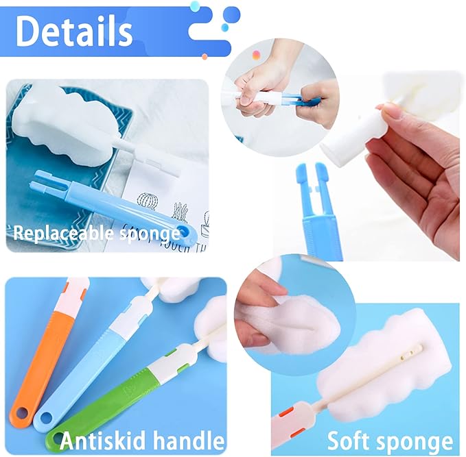 Bottle Brush Sponge Cup Brush Set with 4 Replacement Brush Head Portable Long Handle Water Bottle Cleaner Brush, for Baby Bottles Vacuum Flasks (4 Brushes + 4 Heads)