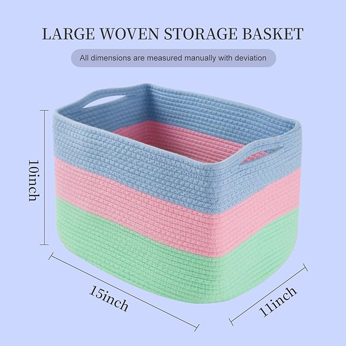 Hopegiver 3 Pack Storage Baskets for Organizing with Handle, Woven Baskets for Shelves - Durable Gift Basket for Cloth Toys Books Baby, Cotton Rope Basket for Dog Cat, 15x11x10 Inch(Blue&Pink&Green)