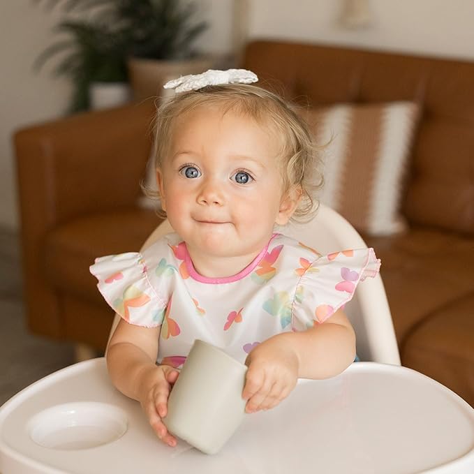 Tiny Twinkle Short Sleeve Apron Baby & Toddler Bib for Girls – Waterproof, Mess-Proof Bibs for Eating & Feeding, Machine Washable,Perfect Holiday Gift (Butterflies, 6–24M)