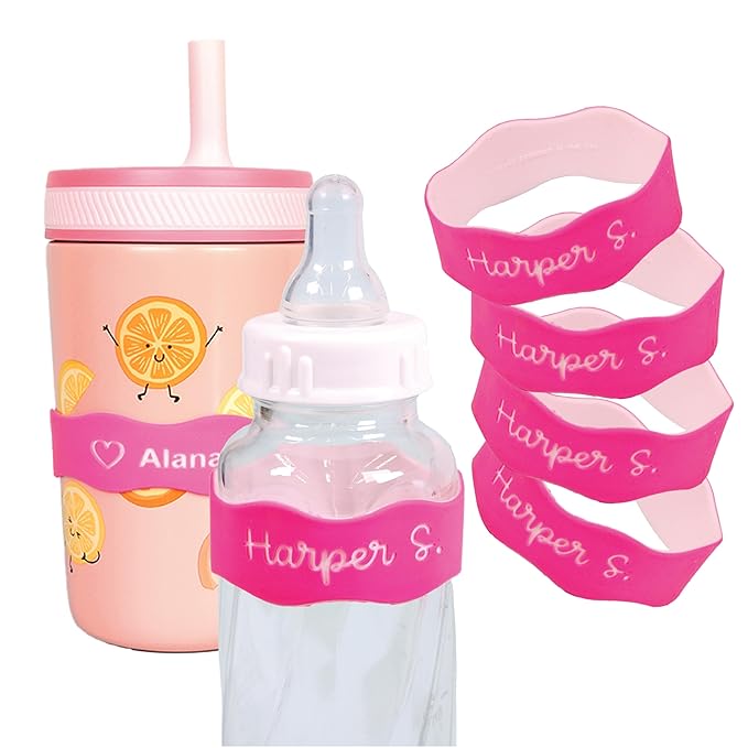 InchBug Orbit Labels Baby Bottle and Water Bottle Silicone Name Bands – Personalized Reusable Label Set for Daycare, Sippy Cups, Preschool, Elementary School, Dishwasher Safe, 4-Pack (Flamingo Pink)