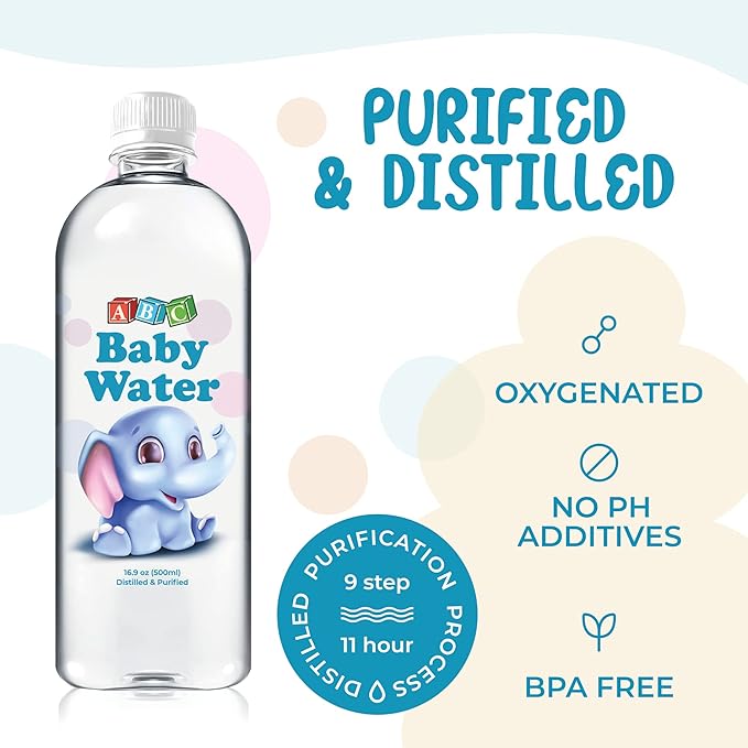 ABC Baby Water Premium Distilled Water for Babies - Healthy Purified 16.9 oz Bottles - Formula, Cereal, Milk, Daily Drinking - 24 Pack