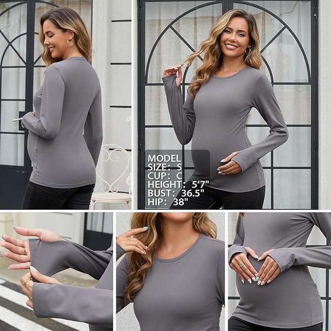 GINKANA Maternity Workout Tops Long Sleeve Pregnancy Yoga Shirts for Pregnant Women Thumb Holes Mama Clothes