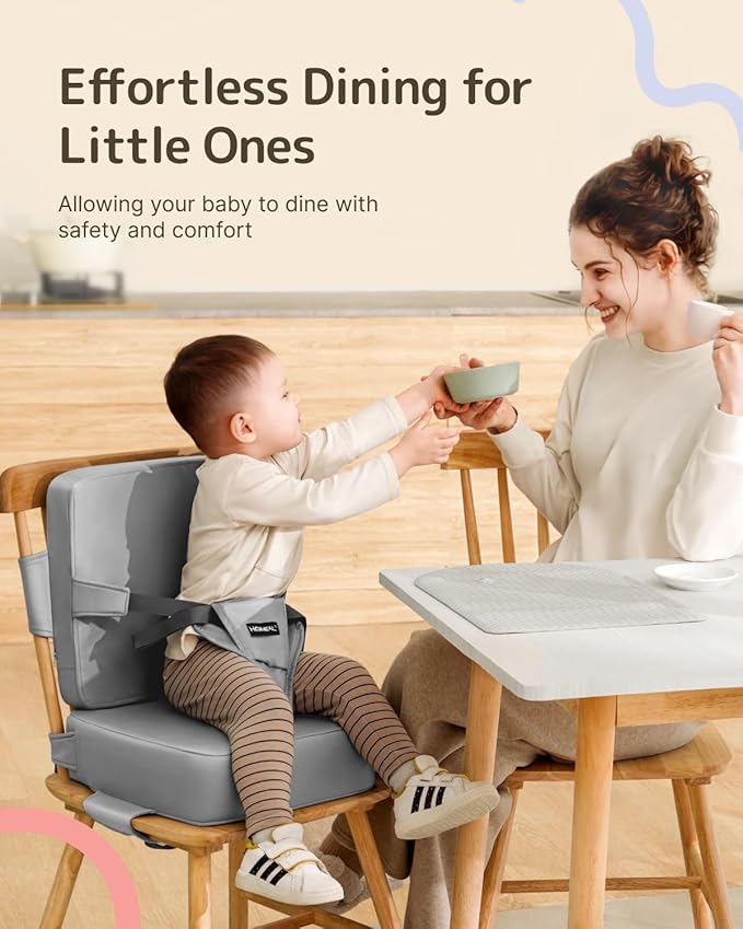 HOMEAL Toddler Booster Seat for Dining Table with Backrest and Adjustable Straps, Breathable Booster Seat for Kitchen Chair, Portable Non-Slip Bottom Booster Seat for Table, Light Grey