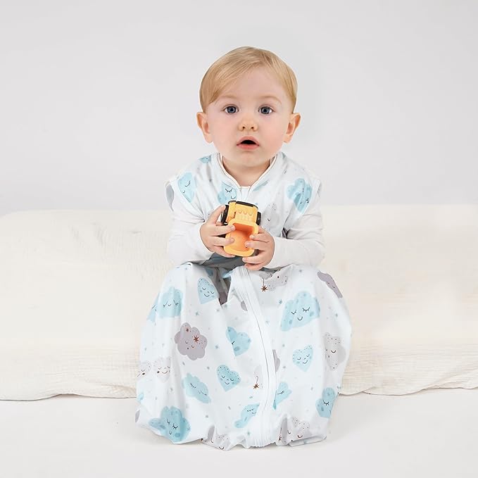 3 Pack Baby Sleep Sack 6-12 Months 100% Rayon Cotton Baby Sleeping Bag 2-Way Zipper Toddler Wearable Blankets Comfy Stretchy Lightweight TOG 0.3 （Purple&Clouds&Starry Sky）