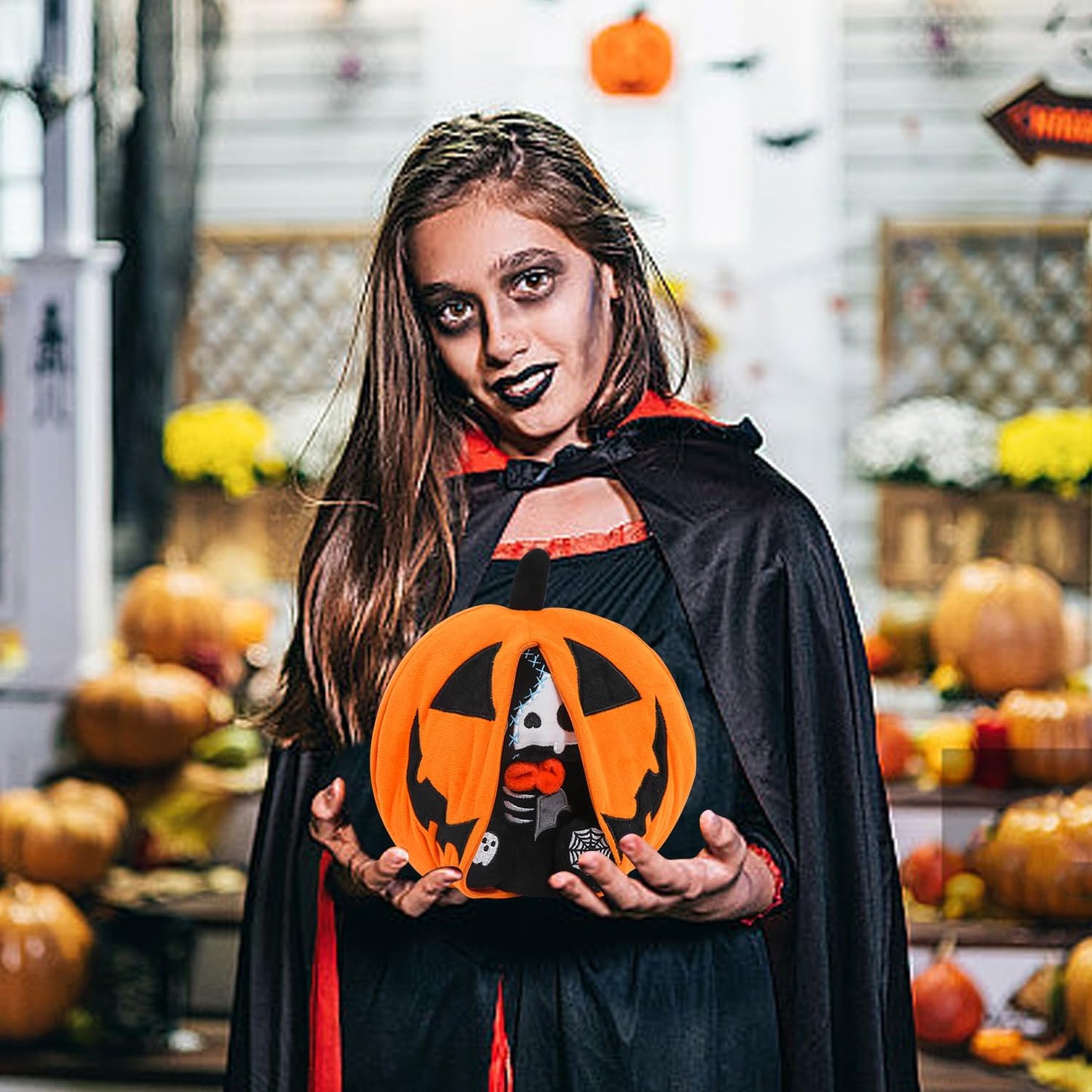 Halloween Reversible Pumpkin Plush Zipper, Skeleton Black Cat Transformed Cat, Stuffed Animal Halloween Boys Girls Kids Birthday Gift