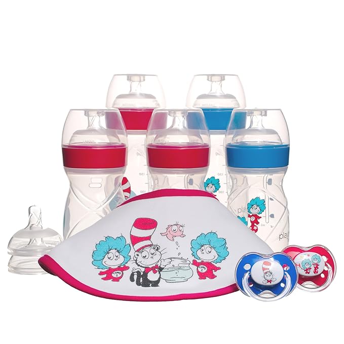 Playtex Baby Dr. Seuss Newborn Gift Set with 5 Nurser Bottles (3X 4Oz, 2X 8Oz), 2 Binky Pacifiers, 60 Drop-Ins Liners & Bib, Bottles for Newborn and Breastfeeding Babies, Feeding Essentials