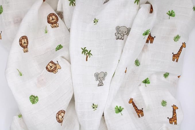 100% Muslin Cotton Baby Receiving Cloths, 3-Pack, 27x27 in (70x70cm), Soft & Gentle for Newborns, Sensitive Skin Safe, for Feeding, Burping & Comfort, 0+ Months (Safari)