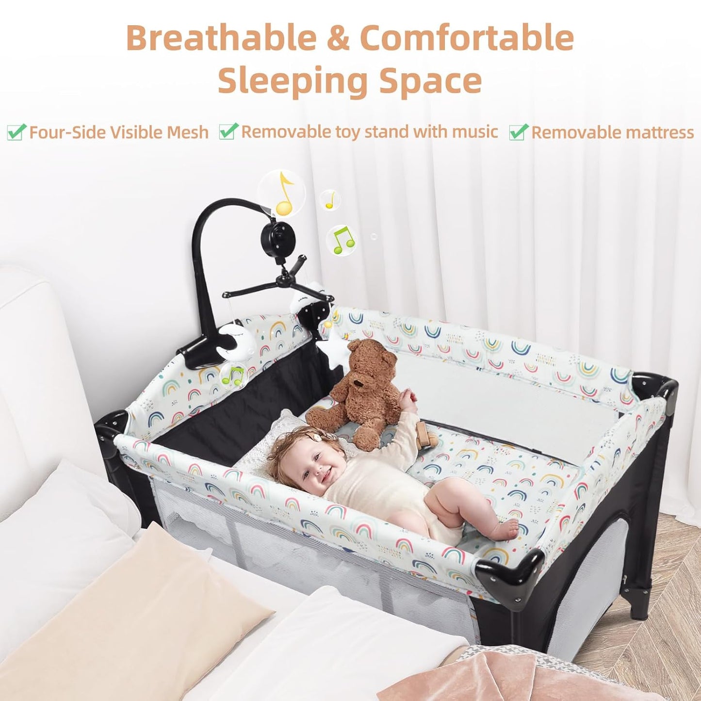 Kinder King 4 in 1 Portable Nursery Center, Foldable Baby Bedside Crib w/Bassinet, Infant Pack n Play Playard Toddler Large Playpen, Newborn Changing Table, Storage Basket, Side Zipper,Multicolour