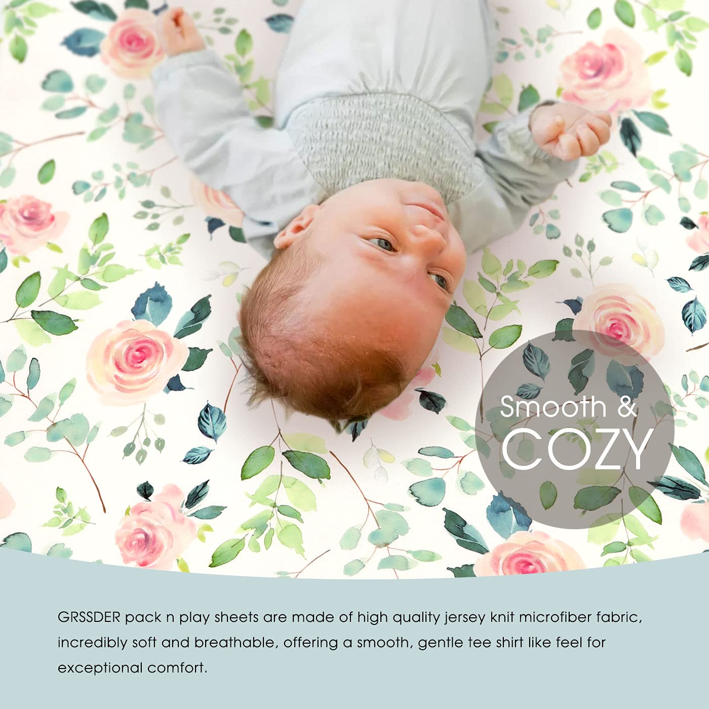 GRSSDER Stretchy Ultra Soft Jersey Knit Fitted Pack n Play Sheets Set 2 Pack, Portable/Mini Crib Sheets, Snug and Safe Playards Sheet for Baby, Pink Rose Stylish Print