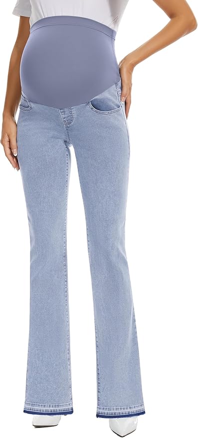 GLAMIX Women's Stretch Maternity Bootcut Jeans with Pockets Over The Belly Bell Bottoms Flare Denim Pants Pregnancy Clothes