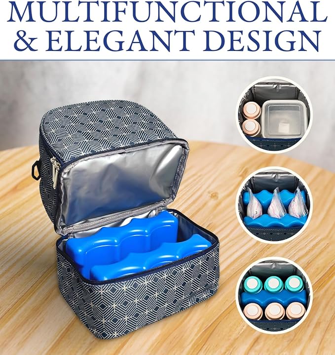 Insulated Breast Milk Cooler Bag – Fits 6 Bottles -Inclueds 2 Ice Packs – Dual Zipper Compartments - Detachable Strap - 9.4"x6.7"x10.6" – Blue Geometric Design - Portable & Durable