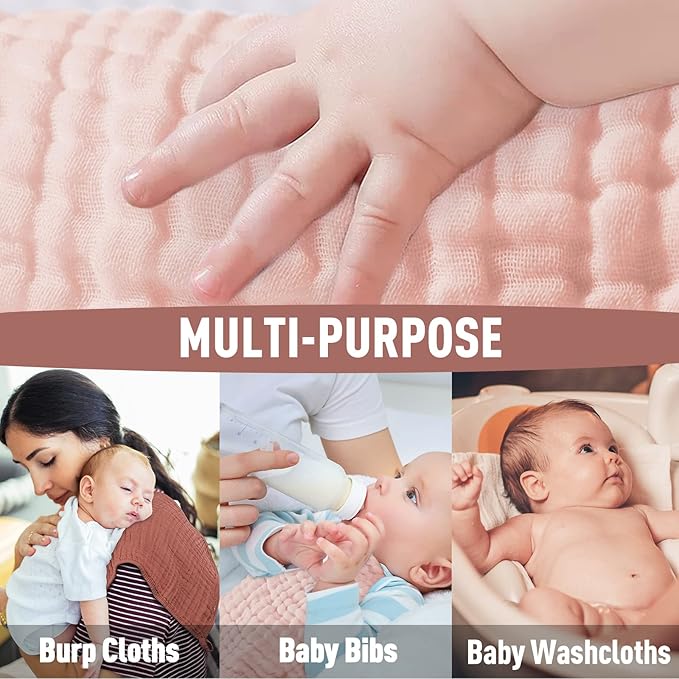 Yoofoss Muslin Burp Cloths for Baby 10 Pack 100% Cotton Baby Washcloths for Boys Girls Large 20''X10'' Super Soft and Absorbent Gradient Pink