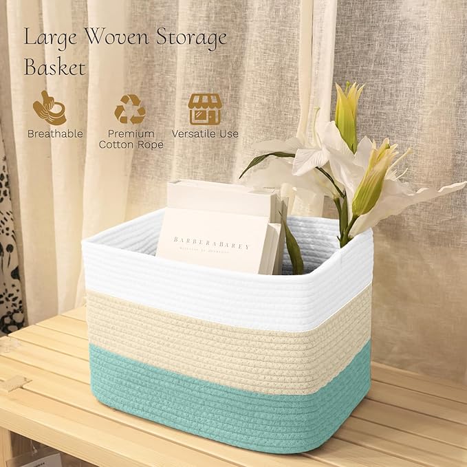 Hopegiver 3 Pack Storage Baskets for Organizing with Handle, Woven Baskets for Shelves - Durable Gift Basket for Cloth Toys Books Baby, Cotton Rope Basket for Dog Cat, 15x11x10 Inch(White&Cream&Green)
