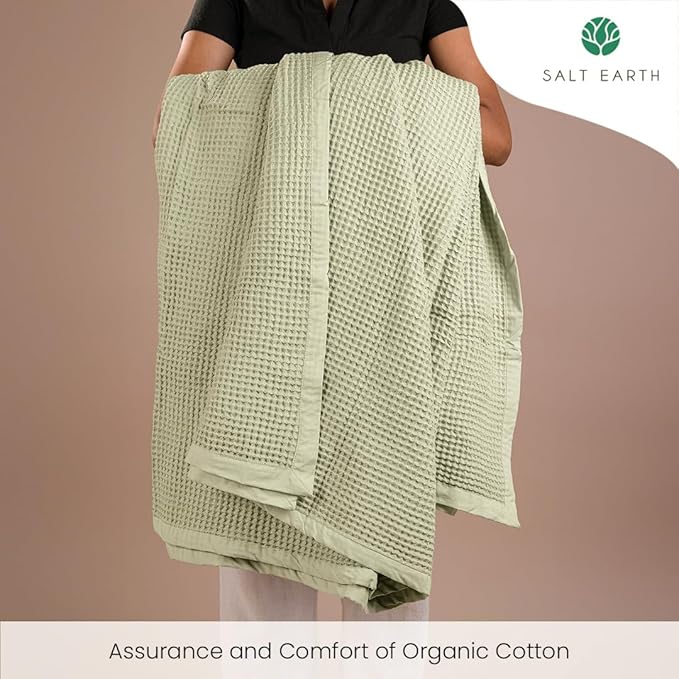 Salt Earth GOTS Certified 100% Organic Cotton Throw Blanket, 55" X 60" Waffle Blankets & Throws for Bed, Throw Blanket for Couch, Modern & Cozy Blanket, All Season, Comfy & Soft Blankets (Sea Foam)