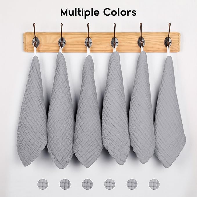 Muslin Baby Washcloths 6 Pack, 100% Cotton Wash Cloths for Babies, Large 12''X12'' Burp Cloths Absorbent and Soft for Newborn Infants Kids Boys Girls - Light Gray