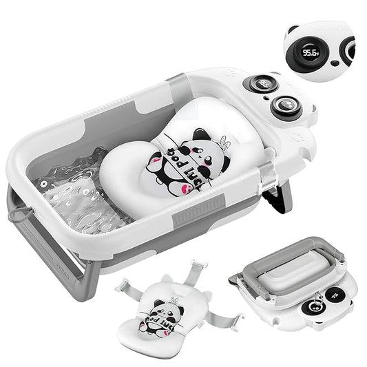 Collapsible Baby Bathtub for Newborn, Baby Bath Tub with Thermometer & Soft Floating Cushion & Drain Hole for Infant to Toddler, Portable Travel Bathtub with No-Slip Feet for 0-36 Months-Gray