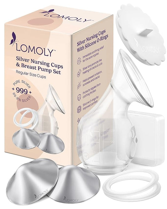 Silver Nipple Covers Breastfeeding: Pure 999 Silver Nipple Shield | Silver Nursing Cups w/Breast Shields, Hands-Free Breast Pump (Silver and Transparent Silicone, L - 1.8x0.6)
