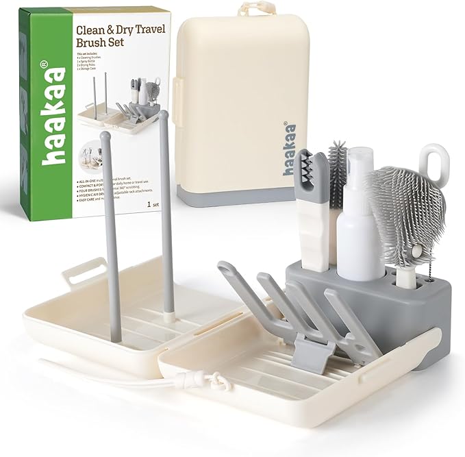 haakaa Travel Bottle Brush Set – 7-in-1 Baby Bottle Cleaner Kit with Bottle Brush, 360° Brush, Straw Brush, U-Shaped Brush, Spray Bottle&Drying Rack for Home and Travel