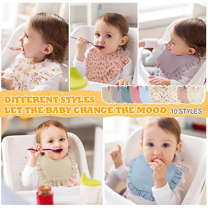Mepase 10 Pcs Large Muslin Baby Girl Bibs Drool Teething Bibs Lap Shoulder for Boy Girls Teething(Fresh Colors)