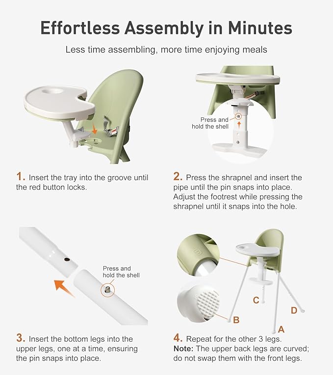 Funny Supply 3-in-1 Cute Folding High Chair, High Chairs for Babies and Toddlers, Modern Space Saving Highchair with Removable Double Tray, Easy to Clean, Light Weight Baby Feeding Chair, Green