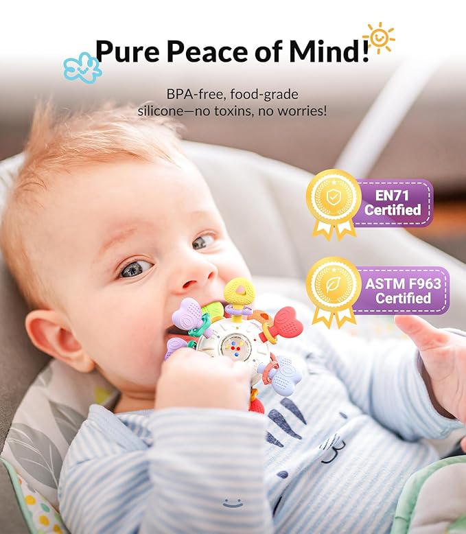 Baby Montessori Rattle & Teething Toys - Safe, Multi-Functional BPA-Free Silicone Sensory Learning Teether Baby Toys for Infant 0-12 Months Teething Relief & Fun Play Perfect Baby Gift for Boys Girls
