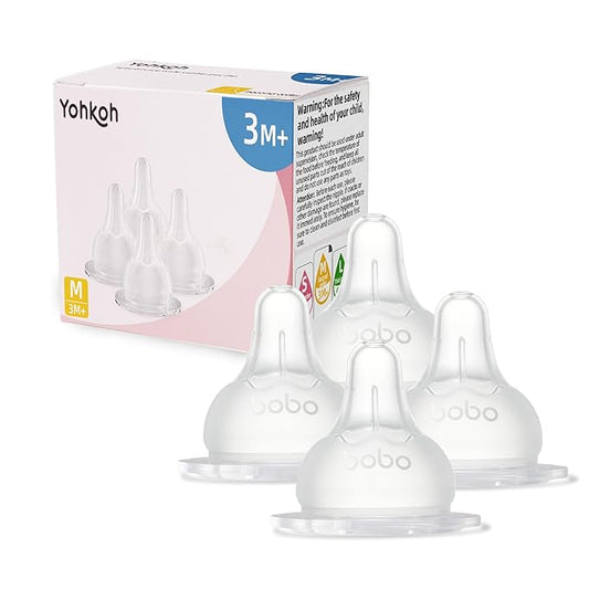 YOHKOH Baby Bottle Nipples for Wide Neck Bottles, 100% Natural Feel Silicone Nipples, BPA-Free (3m+, M, 4 Counts)