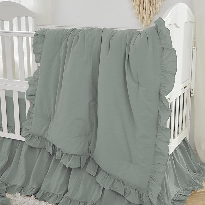 Brandream Gender Neutral Boho Bohemian Baby Girl Boy Nursery 3 Pieces Crib Bedding Set Solid Green Farmhouse Chic Ruffle Unisex Cozy 100% Washed Cotton