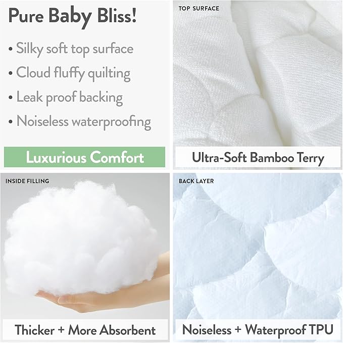 Joey + Joan Waterproof Mini Crib Mattress Protector – 2 Pack, 24" x 38" Quilted Ultra Soft Bamboo Viscose Terry Mini Crib Mattress Pad Cover – Noiseless & Breathable