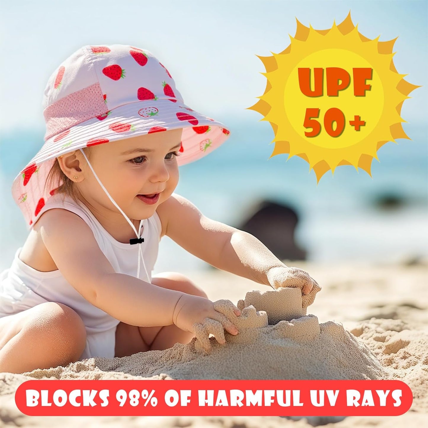 Toddler Baby Sun Hat Kids Summer UPF 50+ for Boys Girls Adjustable Beach Hats with Bucket Wide Brim Age 1-7 Years