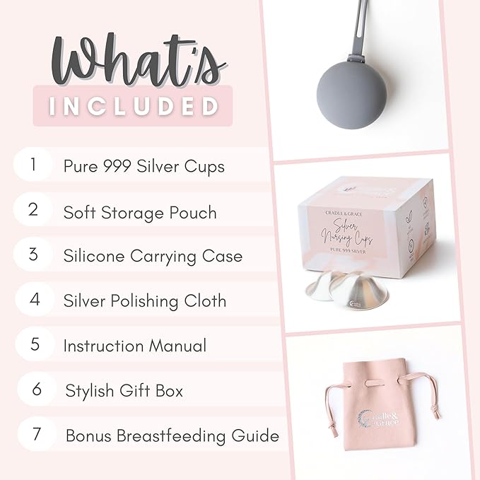 Cradle & Grace Pure 999 Silver Nursing Cups with Gray Carrying Case, Silver Nipple Shields for Breastfeeding Newborn, Silver Nipple Covers Breastfeeding Kit, X-Large