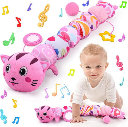 Baby Toys 0 to 12 Months, Stuffed Animal Infant Tummy Time Toys Sensory Toys with Crinkle Rattles Textures and Mirror Gifts for Newborn Boys Girls, Cat Caterpillar Musical Toys (Pink)
