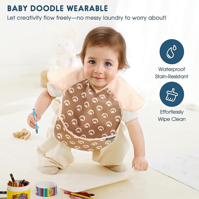 GRSSDER 3-pack Mess Proof Baby Feeding Bibs with Food Catcher Pocket, Soft Lightweight Waterproof Fabric Material with Zero Plastic-like Feel, Adjustable and Easy Clean Toddler Bibs for 6-36 Months