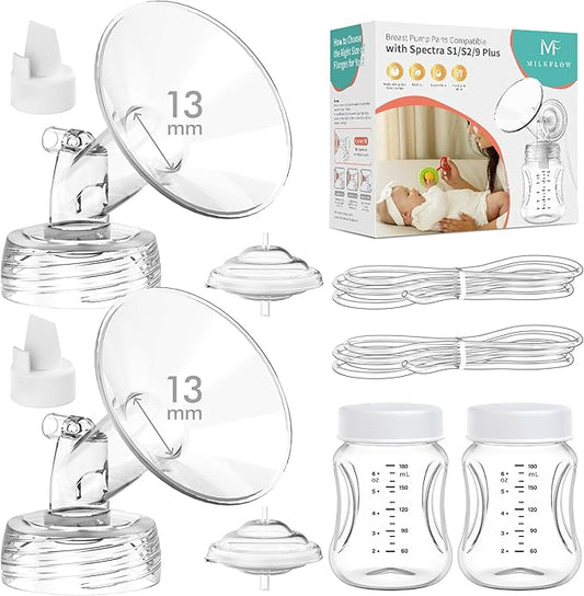 Breast Pump Parts Compatible with Spectra S1,S2,S9 Plus, Replacement Kit for Spectra Pump Parts 2PC Include 13 mm Flange, Duckbill Valve, Tube,Bottle, Backflow Protector, Not Original Accessories