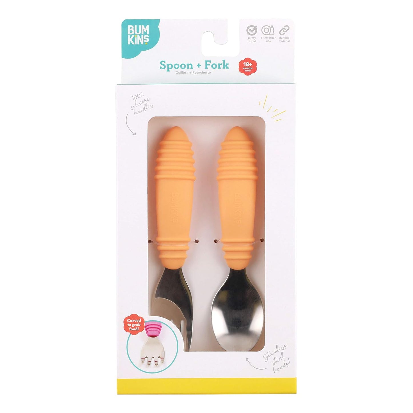Bumkins Toddler Utensils, Kids Size Fork and Spoon Set, Silicone and Stainless-Steel Training Silverware, Angled Forks / Sporks for Self-Feeding, Children Learning to Eat, 18 Mos Up, Tangerine Orange