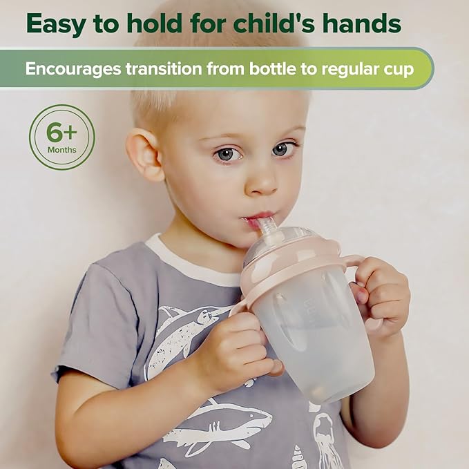 haakaa Weighted Straw Sippy Cup for 6+ Month Old, Silicone Weighted Straw Cup Milk Sippy Cup Baby Water Bottle with Straw Brush (Peach, 8oz./250ml)