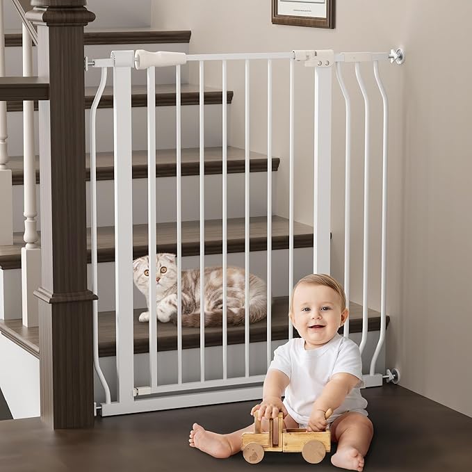 ELEVON Baby Gate for Stairs Doorways, Safety Pet Gate with Auto-Close/Hold-Open Features, Fits Openings 29.1” to 38.5”, 36” Tall, Easy Pressure Mounted Walk Through Baby Dog Gate, White