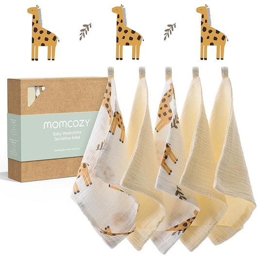 Momcozy Baby Washcloths - 4 Layer Design| Medium Thickness| Premium Cotton for Newborns' Skin-Great for Bathing, Wiping & on-The-go Use, Shower Gift and Essential(5 Pack, 10x10 inch)