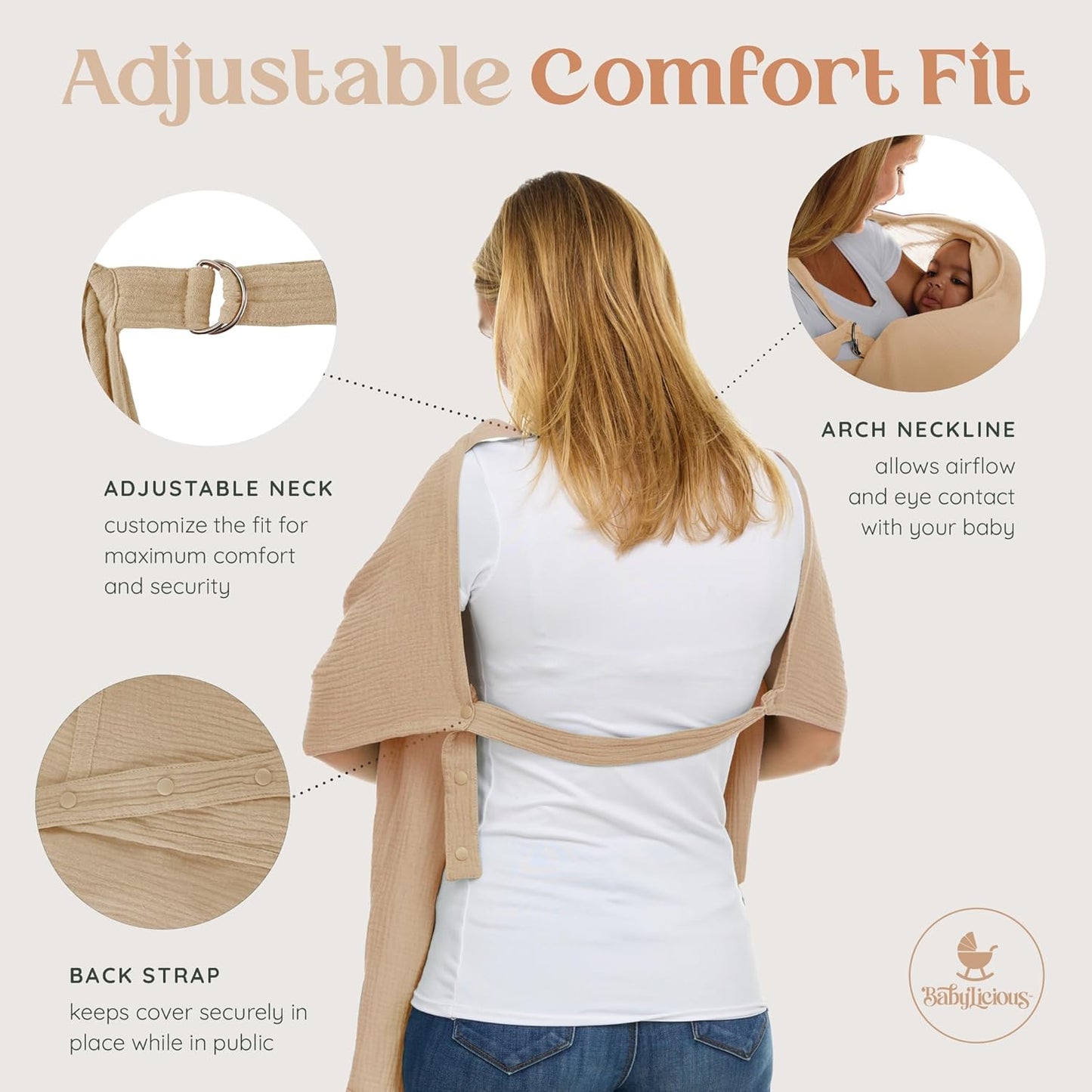 Muslin Nursing Cover Up for Breastfeeding - Breast Feeding Covers for Women | Breathable 100% Muslin Cotton Breastfeeding Cover with Arch-line and Adjustable Straps| Breastfeeding Essentials (Beige)