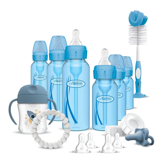 Dr. Brown's Natural Flow Anti-Colic Options+ Special Edition Blue Baby Bottle Gift Set with Soft Sippy Spout Transition Cup, Flexees Teether, Bottle Cleaning Brush and Travel Caps