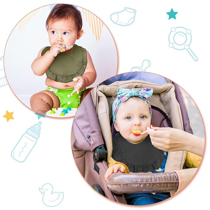 Seematn 10 Pcs Baby Muslin Bibs Drool Bibs Bandana Ruffle Soft Cotton for Newborn Baby Infants Girl Teething Toddlers Boy(Cool Colors)