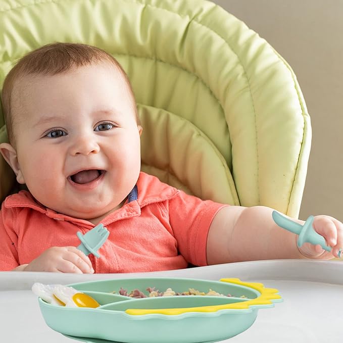 Silicone Suction Plates for Baby Toddler with Spoon Fork set Divided Dinosaurs Plates Self Feeding Training Baby Dinner Plate-Green Dinosaurs Plate Set