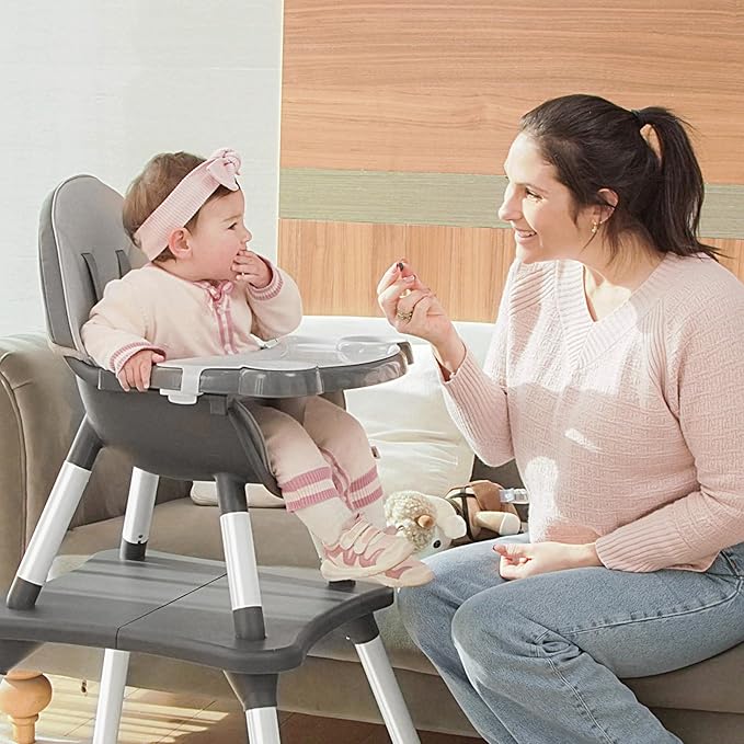 6 in 1 Baby High Chair, Convertible Highchair for Babies and Toddlers, Building Block Table Highchair with 5-Point Safety Harness/Removable Tray, Infant Feeding Table and Chair Set, Grey