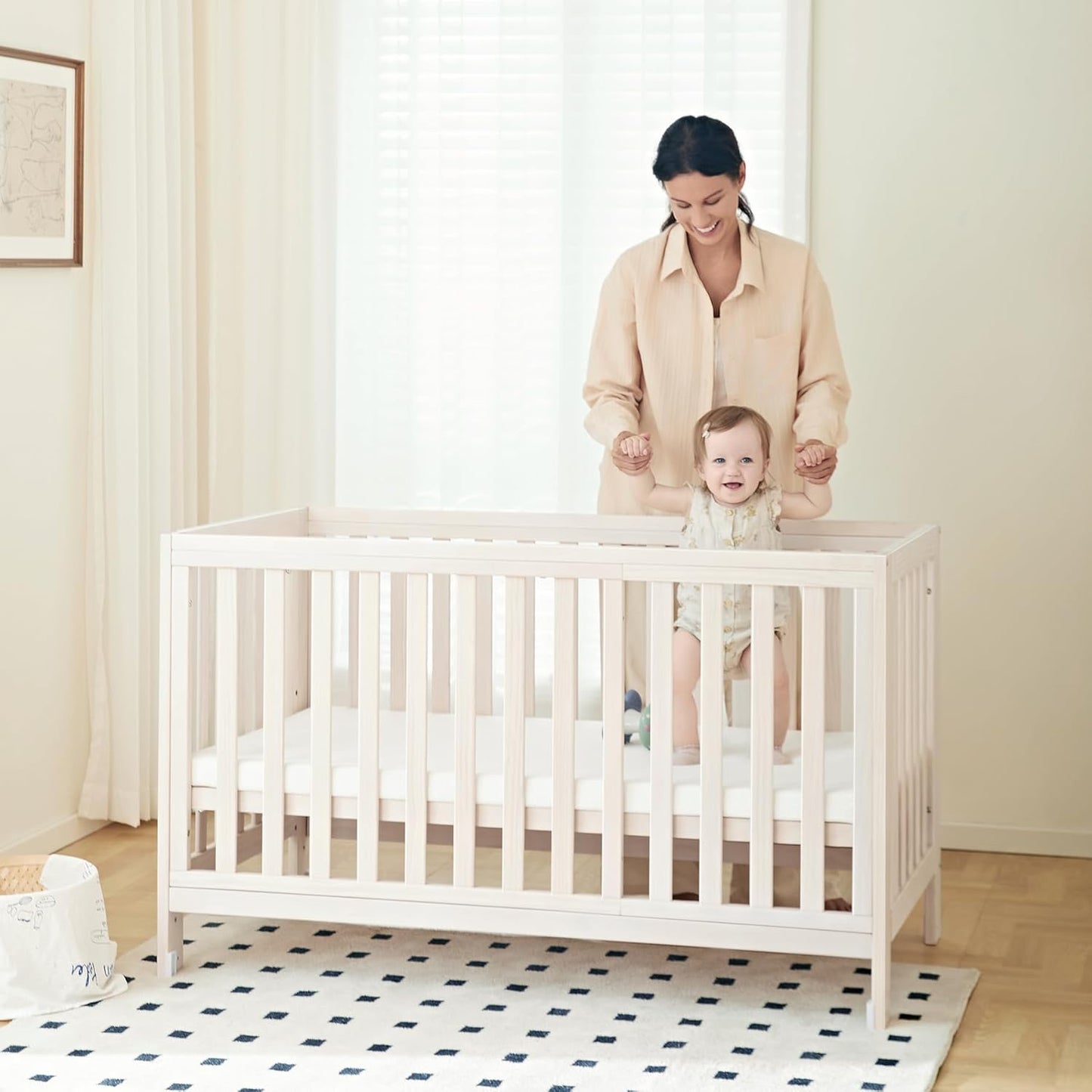 EvoNest Baby Crib, 11 in 1 Convertible Mini Crib with Wheels, 100% New Zealand Wood Growing Bed, 4 Adjustable Mattress Height,Washed Natural