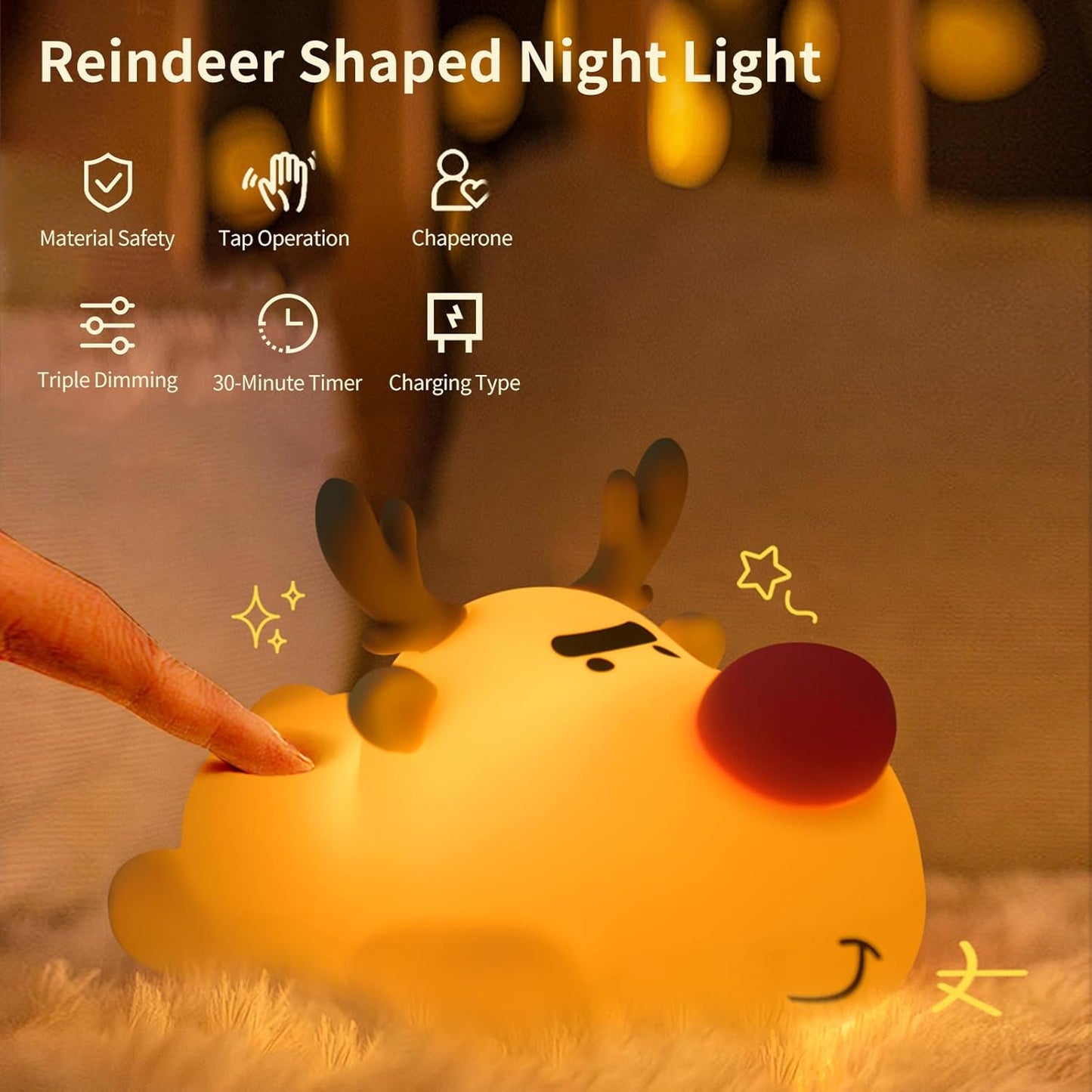 Baby Night Light, 3-Level Dimmable Rechargeable Nursery Nightlight, Timed Reindeer Bedside Touch Light Baby Room Decor, Suitable for Infants and Children During Lactation