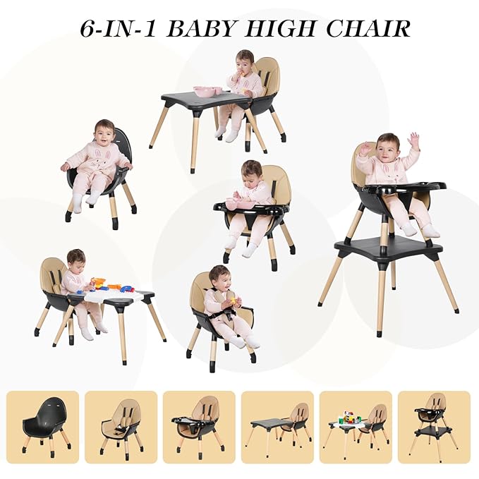 6 in 1 High Chair for Babies & Toddlers, Convertible Wooden Baby Highchair, Table and Chair Set, Baby Feeding Chair, 5-Point Adjustable Harness/4-Position Removable Tray& PU Seat Cushion (Black)