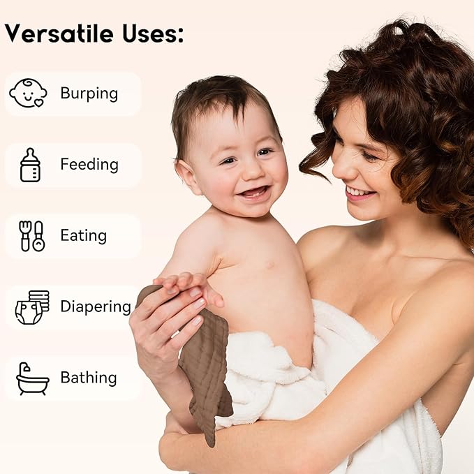 Muslin Baby Washcloths 6 Pack, 100% Cotton Wash Cloths for Babies, Large 12''X12'' Burp Cloths Absorbent and Soft for Newborn Infants Kids Boys Girls - Gradient Brown
